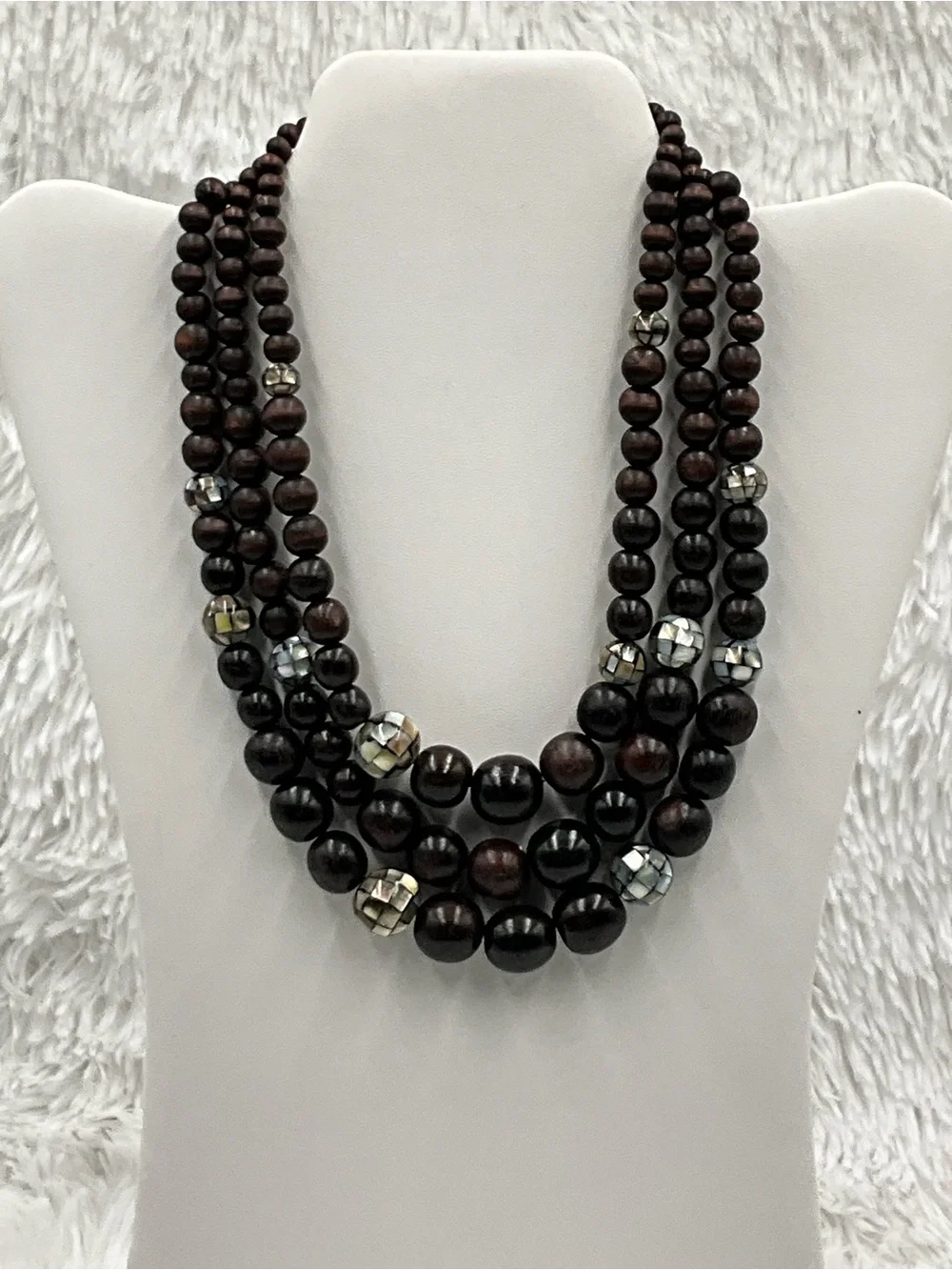 Multi Strand Dark Brown Wood-look Beaded Necklace with Silver Accents